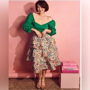 BURU Teagan Floral Print Ruffle Midi Length Skirt with Matching Green Top Sz XS